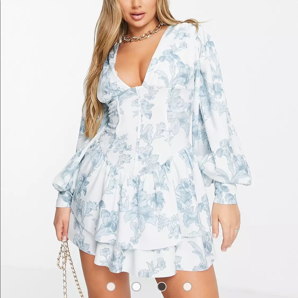 Asos floral corset boning puff sleeve tiered mini dress size 2 Bridgerton vibes